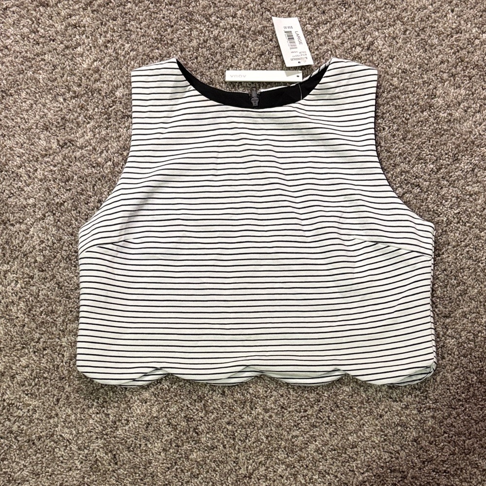 Aqua Black and White Striped Scallop Hem Tank Top